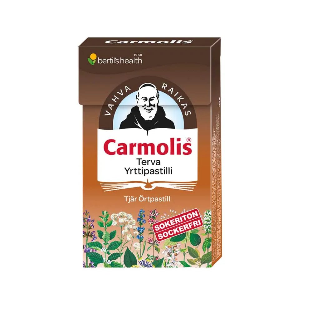 Kuva Carmolis Terva Yrttipastilli -tuotteesta, joka sisältää luonnollisia yrttejä ja tervaa