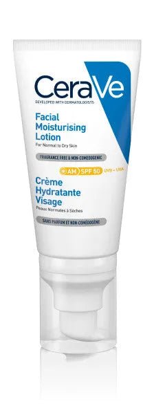 Cerave kasvovoiteen kosteuttava voide SPF50 suojakertoimella suojaa ihoa auringon haitallisilta säteiltä