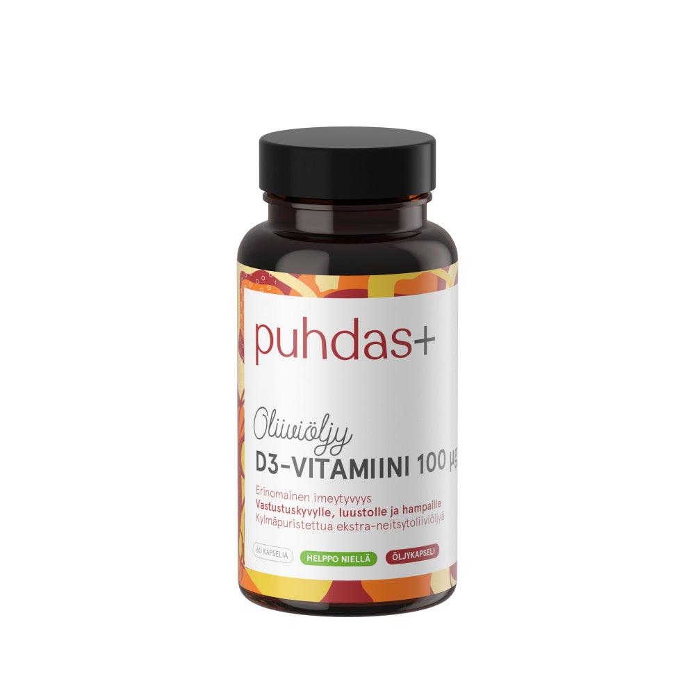 Puhdas+ D3-Vitamiini Oliiviöljyssä 100 ug - Apteekki 360 Helsinki - Verkkoapteekki